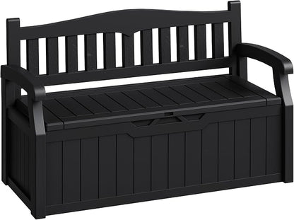 80-Gallon Outdoor Storage Bench, Waterproof Deck Box with Lockable Lid, Dark Black