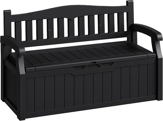 80-Gallon Outdoor Storage Bench, Waterproof Deck Box with Lockable Lid, Dark Black