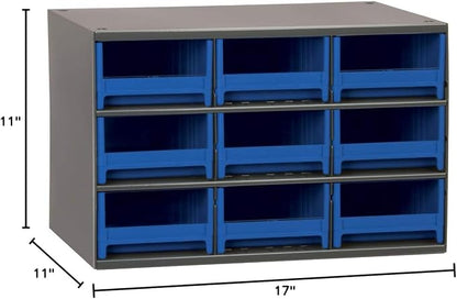 Akro-Mils Steel Garage Storage Cabinet, Small Parts Organizer Metal Cabinet for Hardware, Nails, Screws, Bolts, Nuts, and More, 17" W x 11" D x 11" H, 9-Drawer, Gray Cabinet/Blue Drawers (19909)