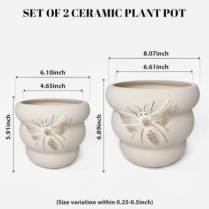 Terracotta Pots with Drainage Holes Bee Decor, Ceramic Pots for Indoor Plants Flower Pots Outdoor, Succulent, Herbs, Snake Plants (Beige, 8+6 Inch)