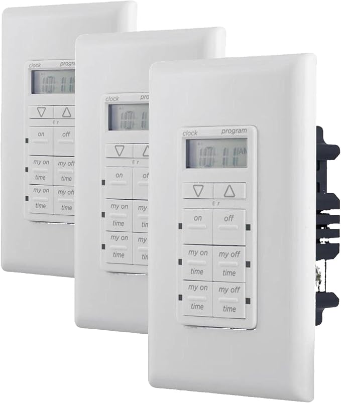 myTouchSmart in-Wall Digital Timer,4 Programmable On/Off Buttons,2 Easy On/Off Buttons,24 Hour Daily Cycles,Blue LED Indicators with Battery Backup for Indoor/Outdoor Lights, Fans, 26893 (Pack of 3)