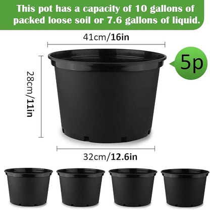 RooTrimmer 10 Gallon Plastic Nursery Pots, 16 Inch Round Plant Pots with Drainage Holes, 5 Pack Large Garden Flower Pots for Outdoor Indoor Plants, Gardening Gifts for Women, Black