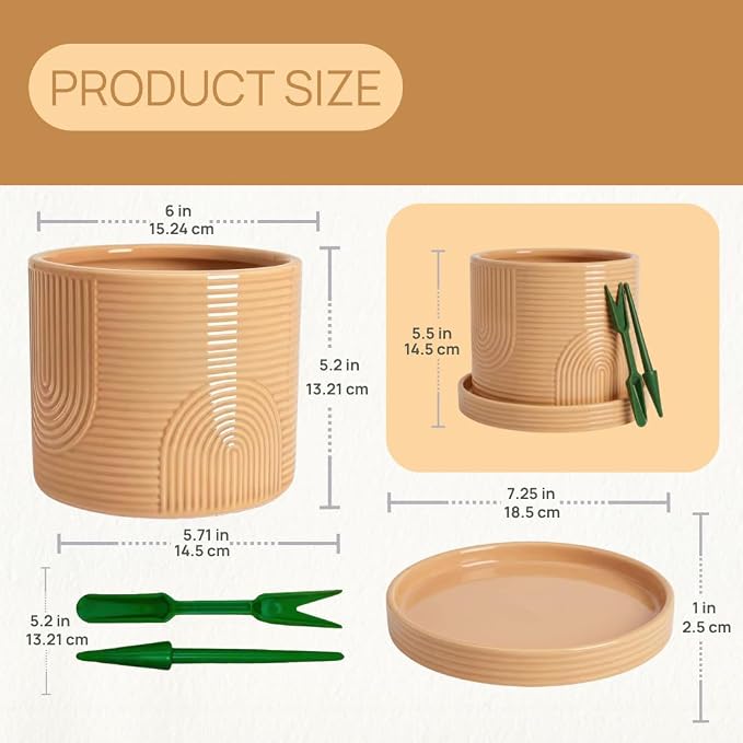 6 Inch Ceramic Plant Pot with Drainage Hole & Tray – Indoor Planter for Succulents, Herbs & Houseplants – Modern Ceramic Planter with Mesh Pad, Dibber & Widger – Buttercream