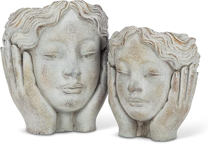 Abbott Collection Medium Head in Hands Planter | For Succulents & Small Plants, Cement, Gray, 8"H, No Drainage Hole