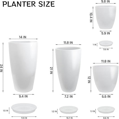 ZMTECH 24/21/12/10" H Large Plastic Planters with Drainage Hole and Saucer -Set of 4 Tall Plant Pots for Indoor & Outdoor Use,White Glossy Smooth Lightweight Flower Pot for Front Porch Patio Deck