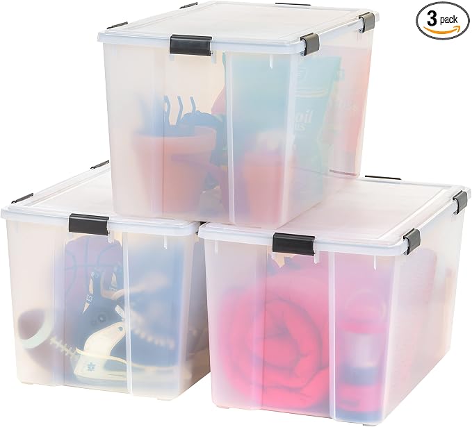 IRIS USA WeatherPro 156 Qt Storage Bins with Lids, 3 Pack, BPA-Free Plastic Gasket Box with Tight Latch and Seal, Stackable Nestable Tote Tub - Clear/Black