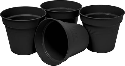 Mintra Garden Pots, 4 Pack Bulk Plastic Plant Pots with Drainage Tray, Round Indoor & Outdoor Decorative Planters with Drain Holes for Flowers, Herbs & Plants, 19cm Diameter – Black, 7.5 in