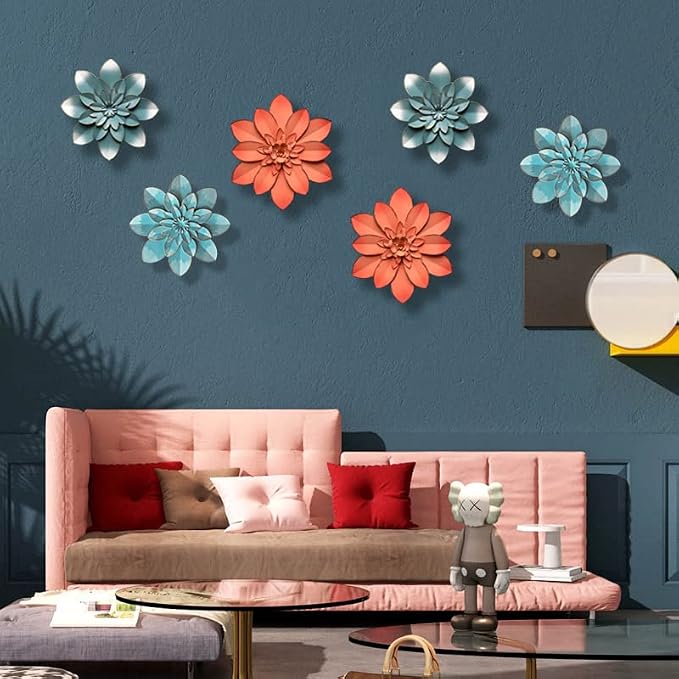 Metal Flower Wall Art Decor, 9.5" Blue Rustic Modern Floral Sculpture | Gradual Distressed Hanging Home Decoration Accent Artworks, Indoor Bedroom Living Room Office, Outdoor Garden Patio