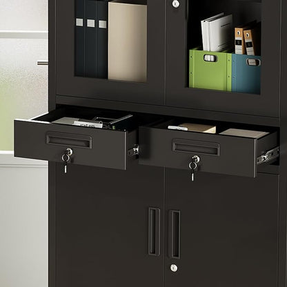 71" Black Metal Storage Cabinet with Glass Doors, Garage Storage with 2 Drawers + 2 Adjustable Shelves, Heavy Duty Tool Cabinet with Locking Doors for School, Workshop, Office, Black