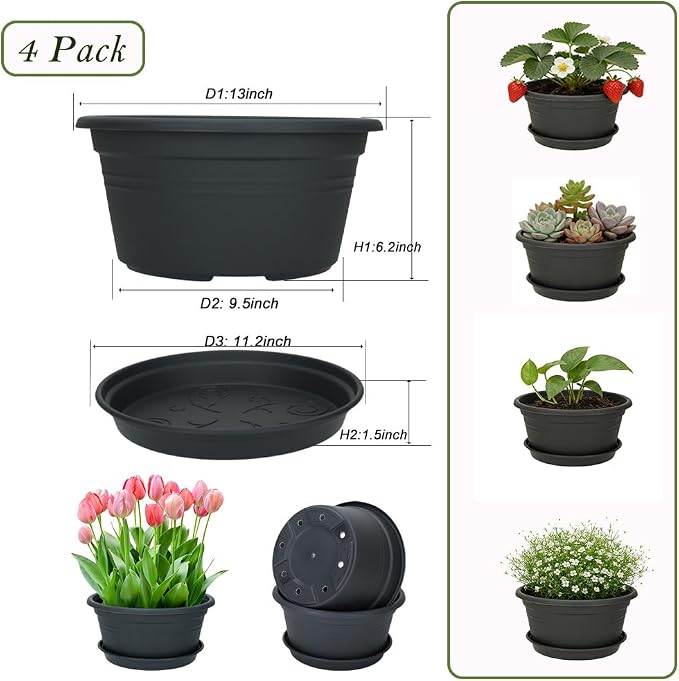 MRPAPA 4Pack Round Plastic Pots for Plants, Outdoor Planters with Drainage Hole & Tray Saucer, Decoration Large Flower Pots for Indoor Outdoor Garden Home Plants (4, Dark Gray, 13 Inch)