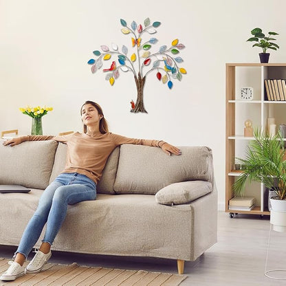 dreamskip 25" Tree of Life Metal Wall Art with Colorful Leaves and Birds, Large Metal Tree Wall Decor Sculpture Outdoor Indoor, Living Room, Patio, Fence, Bedroom, Garden Decoration