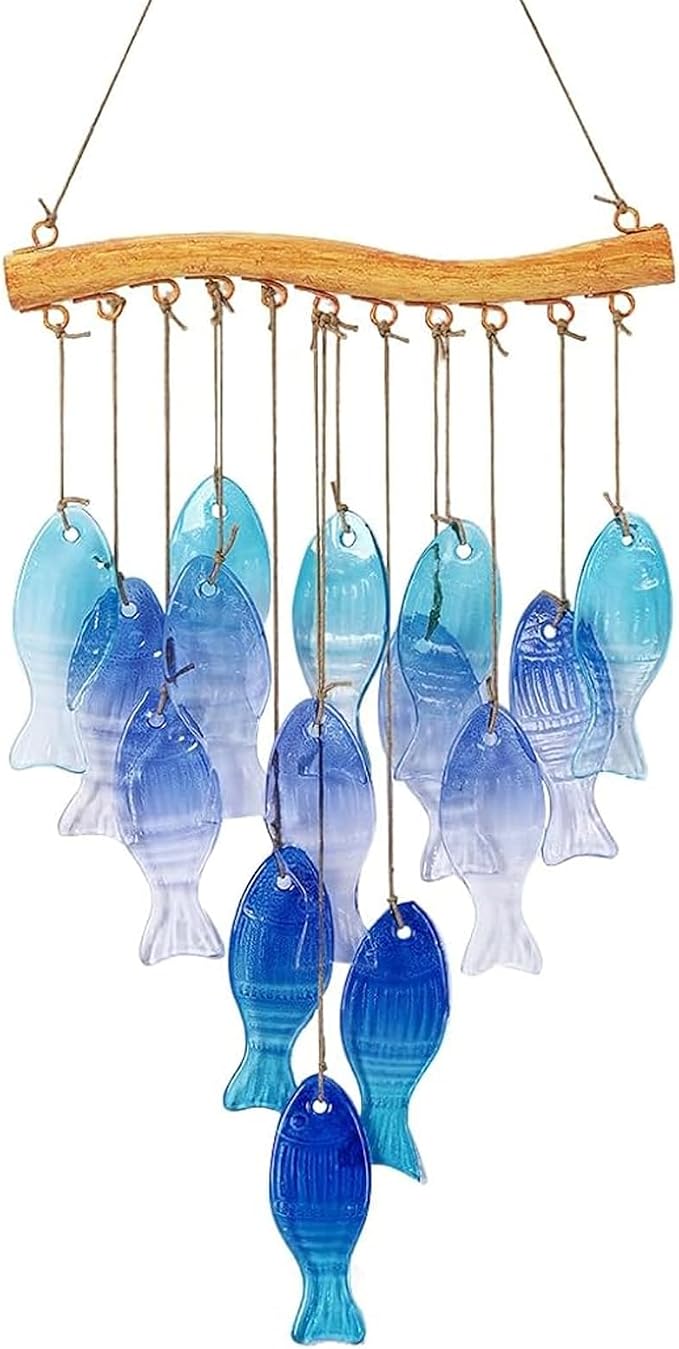 Wind Chimes Blue Glass Sea, Garden Wind Chime for Home, Beach Party, Festival Decor, Glass Garden Patio Yard Porch Decoration Indoor/Outside, Lifelike Fish Style