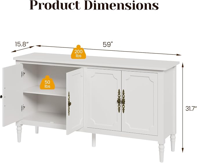 RoyalCraft Sideboard Buffet Cabinet with Storage, 59" Mid Century Modern Credenza with 4 Doors, Coffee Bar Wine Bar Storage Cabinet with Artistic Carved Handle for Living Room, Dining Room, White