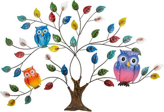 dreamskip Tree of Life Metal Wall Art, 25" Outdoor Large Wall Sculpture with Colorful Leaves and Owls, Tree Metal Wall Decor for Outdoor Indoor, Living Room, Patio, Fence, Bedroom, Garden Decor
