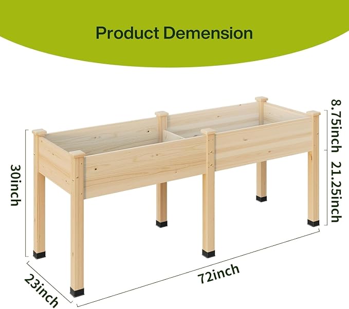 Wood Raised Garden Bed, 72x24x30in Elevated Wooden Planter Box with Legs Standing Growing Bed for Backyard, Patio, Balcony with Bed Liner, 200 Pound Capacity 2PCS