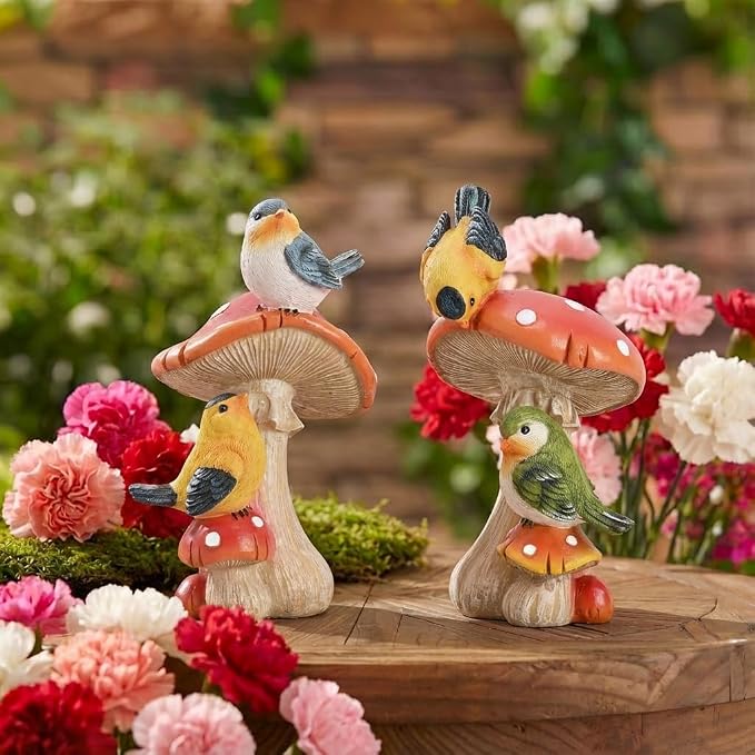 TERESA'S COLLECTIONS Garden Decor, Set of 2 Cute Birds and Mushrooms Garden Decor, Waterproof Resin Garden Statue, Birds Gift, Garden Gift for Women Mom, Indoor/Outdoor
