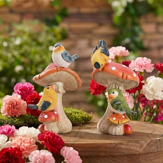 TERESA'S COLLECTIONS Garden Decor, Set of 2 Cute Birds and Mushrooms Garden Decor, Waterproof Resin Garden Statue, Birds Gift, Garden Gift for Women Mom, Indoor/Outdoor