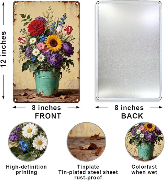 Vintage Spring Flower Bunch Metal Tin Sign Botanical Theme Wall Art for Garden Home Wall Decor