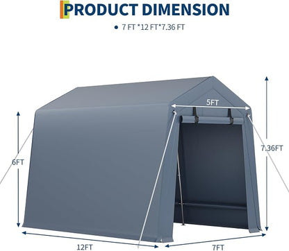 7x12 ft Outdoor Storage Shed, Portable Carport with Roll-up Ventilated Zipper Door and Windows, Heavy Duty Waterproof Tarp, Storage Sheds for Motorcycle, Bike, Firewood, Garden Tools