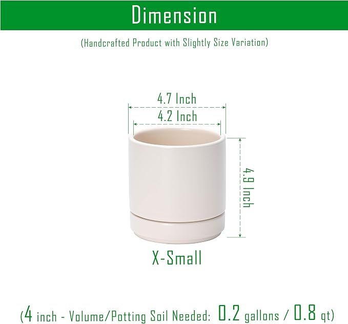 D'vine Dev 4.7 Inch Ceramic Planter Pot with Drainage Hole and Saucer, Indoor Cylinder Round Planter Pot, Oatmeal, 94-O-B-8