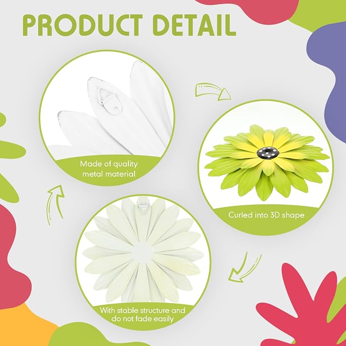 Zhehao 9 Pcs Metal Flower Wall Art Hanging 3D Daisy Decor Metal Flowers Outdoor Decor Multicolored Layered Floral Sunflower Wall Decorations for Home Garden Porch Patio(Bright Color,10 Inch)