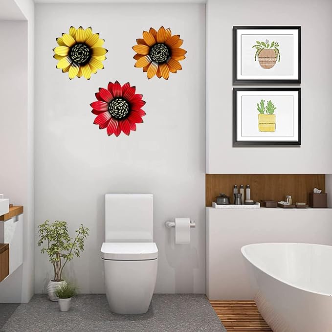 Sunflower Outdoor Metal Wall Art - 3Pack 9" Metal Flowers Wall Decor for Porch, Garden, Yard - Weather-Resistant Indoor Floral Wall Art - Durable Outdoor Wall Decor