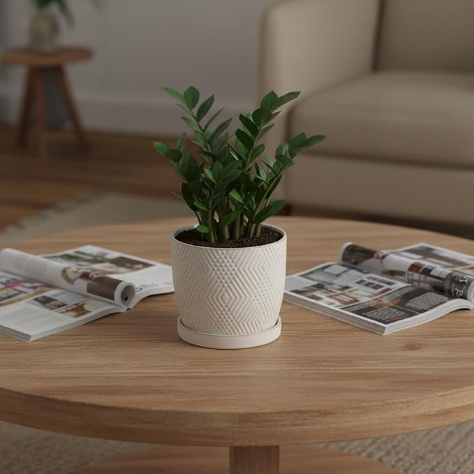 Nihow Ceramic Plant Pots with Drainage Hole & Saucer, 4.75 Inch, White-3 | Small,Embossed Design, For Succulent, Cactus, Little Snake, Indoor Plants