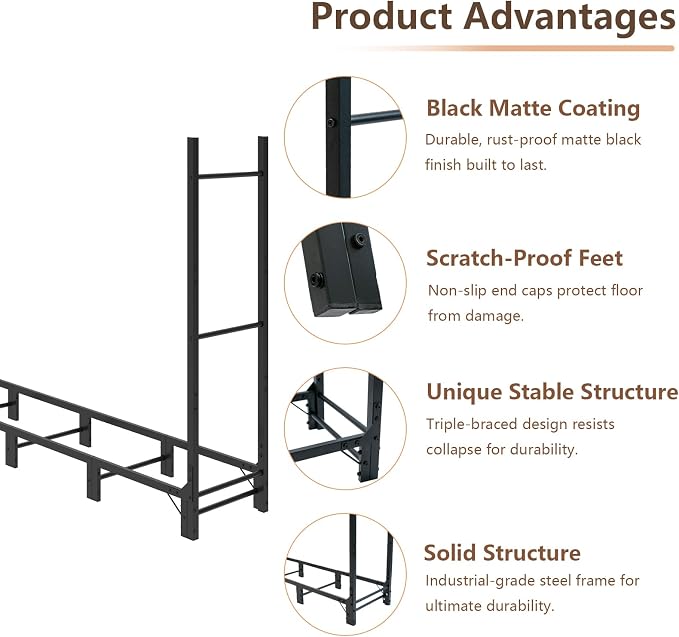 C-Hopetree 8Ft Outdoor Indoor Firewood Rack, Adjustable Metal Log Holder for Fireplace, Heavy Duty Wood Pile Storage Organizer Stacker Stand, Black