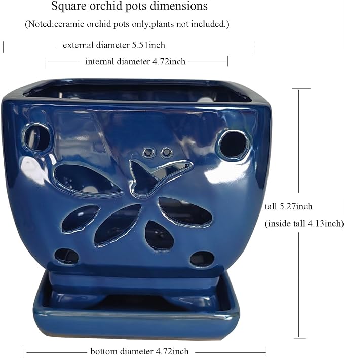 Orchid Pots with Holes Square Ceramic Orchid Planter Pots 5.7 inch (Blue)