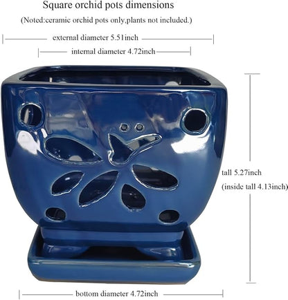 Orchid Pots with Holes Square Ceramic Orchid Planter Pots 5.7 inch (Blue)