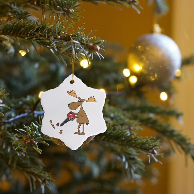 3dRose ORN_263877_1 Funny Cute Moose Using Leaf Blower Yard Work Cartoon Snowflake Ornament, 3"