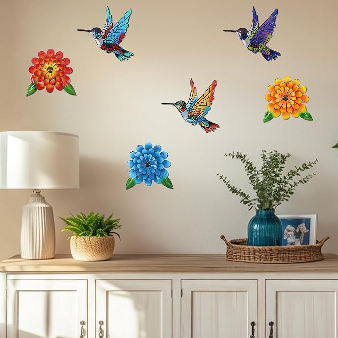 3D Metal Hummingbird Flower Wall Art Garden Decor, 6 PCS 6“ Birds Sunflower Outdoor Wall Art, Floral Wall Hanging Art Sculpture Outside Garden Living Room Porch Yard, Gift for Women Mom