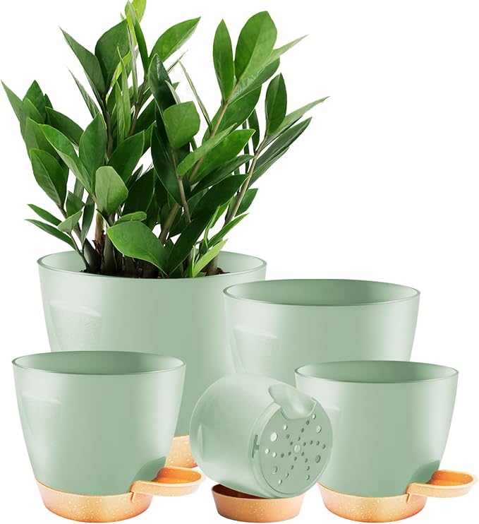 Self Watering Plant Pots with Drainage & Saucers, 5-Pack 7/6.5/6/5.5/5 in - Plastic Flower Pots for Indoor Plants, Succulents & Herbs, Planters for Indoor Outdoor & Balcony (Green)