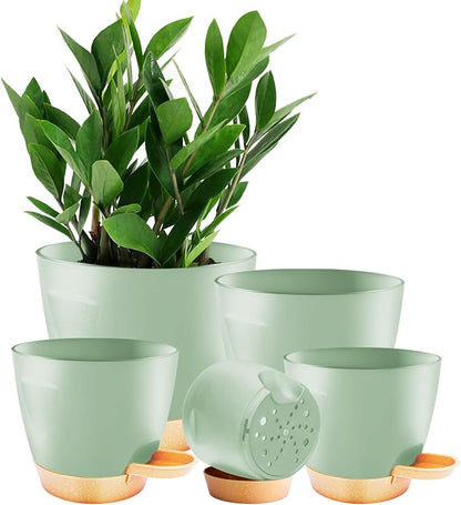 Self Watering Plant Pots with Drainage & Saucers, 5-Pack 7/6.5/6/5.5/5 in - Plastic Flower Pots for Indoor Plants, Succulents & Herbs, Planters for Indoor Outdoor & Balcony (Green)