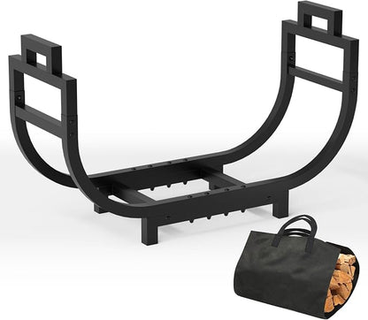 30 Inch Firewood Rack Outdoor Indoor with Handle and Log Carrier Bag, Stable Metal Wood Rack Heavy Duty Log Holder for Fireplace Patio Deck, Rustproof Firewood Storage Organizer Tool, Black