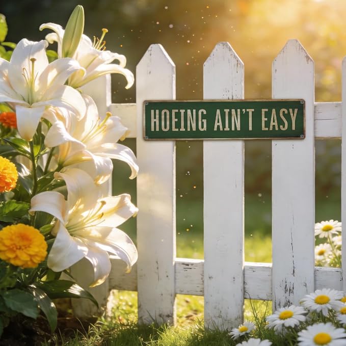 Funny Garden Metal Tin Sign, Hoeing Ain't Easy Sign, Vintage Farmhouse Outdoor Wall Decor, for Porch Yard Patio, Ideal for Garden Lovers, 15.7 x 3.9 Inches