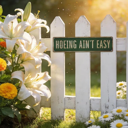 Funny Garden Metal Tin Sign, Hoeing Ain't Easy Sign, Vintage Farmhouse Outdoor Wall Decor, for Porch Yard Patio, Ideal for Garden Lovers, 15.7 x 3.9 Inches
