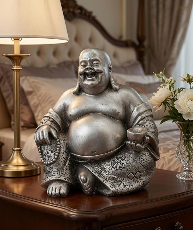 Bellaa Laughing Buddha Statue - 6 Inch Feng Shui Happy Monk Budai Hotei Figurine for Wealth, Luck & Happiness - Chinese Buddhist Zen Decor Silver Finish Resin 25761