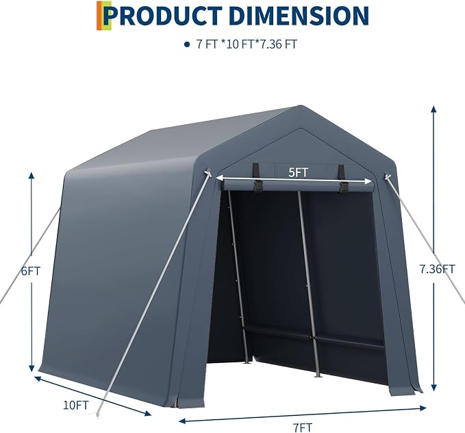 7 x 10 Ft Carport Portable Storage Shed Outdoor Tarp Sheds with Roll-Up Door, Bike Shed ATV Storage Tent for Motorcycle, Car, Garden Tools Grey