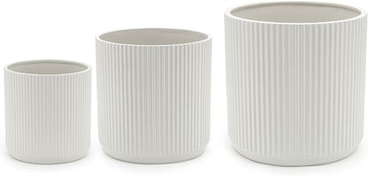 Amazon Basics Fluted Ceramic Planters for Indoor Outdoor Plants, Round Flower Pots with Drainage Hole, Set of 3, 6 inch, 8 inch, 10 inch, White