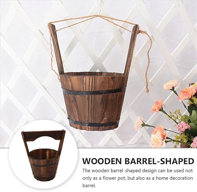 DOITOOL Hanging Planters Rustic Wooden Bucket Planter Hanging Pot Rustic Bucket Wooden Wishing Well Succulent Planter Pot for Patio Garden Backyard Fence Indoor Hanging Planters