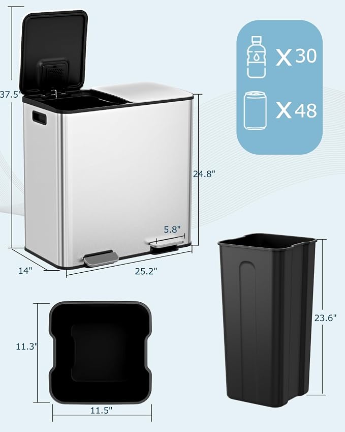 2 x 40L (2 x 10.6 Gallon) Dual Compartment Trash Can, Stainless Steel Kitchen Step Garbage Bin with Soft-Close Lid, Fingerprint-Resistant, Removable Inner Buckets for Waste Sorting,Home,Office