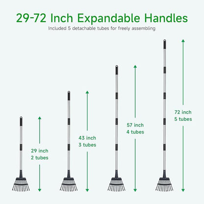 GreatBuddy Adjustable Leaf Rake, 8'' Wide Metal Rake, Perfect for Shrub, Flower Bed & Small Area, 29''- 72'' Expandable Stainless Steel Handle, Easy to Use