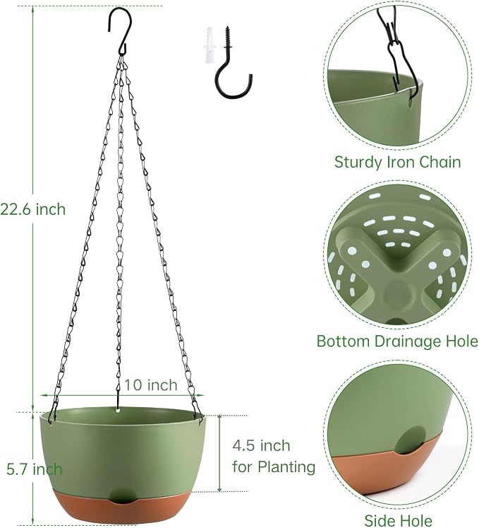 Set of 2 Hanging Planters for Indoor Outdoor Plants, 10 Inch Self-Watering Hanging Flower Pots with Drainage Hole & Removable Water-Storage Tray (Hooks)