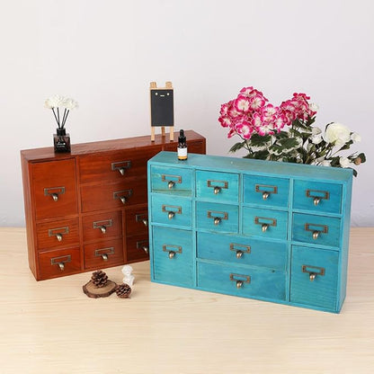 Apothecary Drawers Apothecary Cabinet with Drawers, Blue | 12 Drawer Library Card Catalog, Wooden Storage Box, Wooden Desktop Organizer with Metal Handles-Fulled Assembled