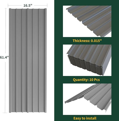 NeatiEase 10 Pcs Metal Roofing Panels, 5.1 Feet Corrugated Galvanized Roofing Panels Metal Siding Panels with Steel Screws for Pergola, Gazebo, Shed, Outdoor Storage, Chicken Coop, Patio,Garages