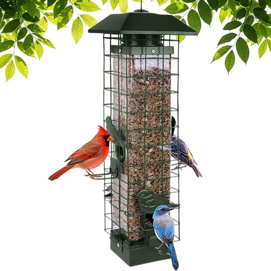 Squirrel Proof Bird Feeders for Outdoors, Metal Wild Bird Feeder for Outside Hanging, 4 Ports Perches, 3LB Large Capacity (Green)