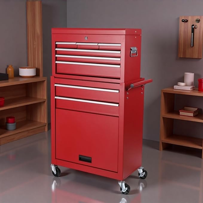 Tool Chest, 8-Drawers Rolling Tool Storage Cabinet with 2-in-1 Detachable Tool Box, Liner, Lockable Wheels, Side Hooks, Multifunctional Metal Tool Cart for Garage Warehouse, Red