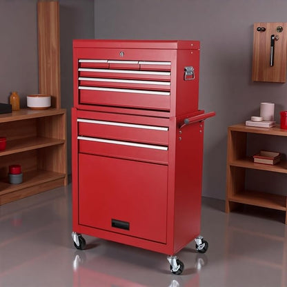 Tool Chest, 8-Drawers Rolling Tool Storage Cabinet with 2-in-1 Detachable Tool Box, Liner, Lockable Wheels, Side Hooks, Multifunctional Metal Tool Cart for Garage Warehouse, Red