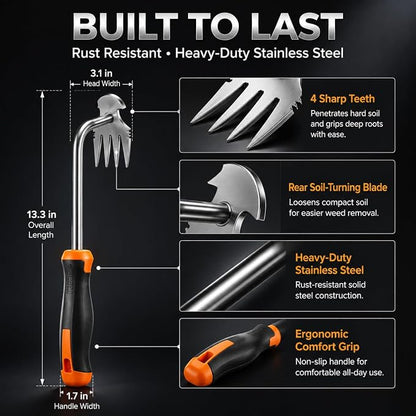 Premium Weed Puller Tool, 2-in-1 Garden Weeder Hand, Stainless Steel Gardening Accessories with 4 Sharp Teeth Remover, Weeding Supplies for Landscaping Essentials (Rubber Handle)